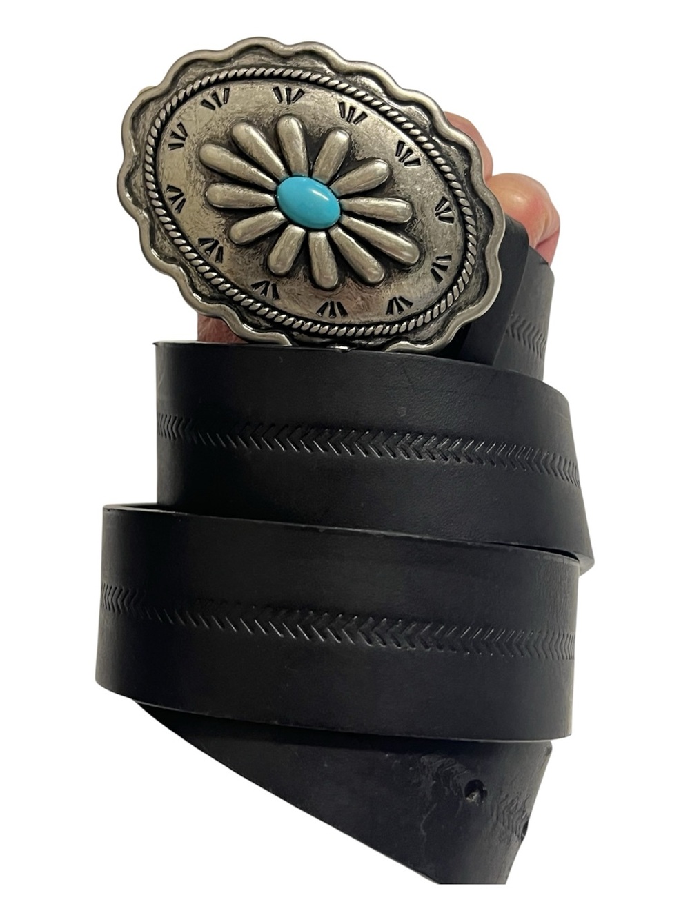 Black Western Leather Belt with Silver-Tone Floral Concho & Turquoise Accent